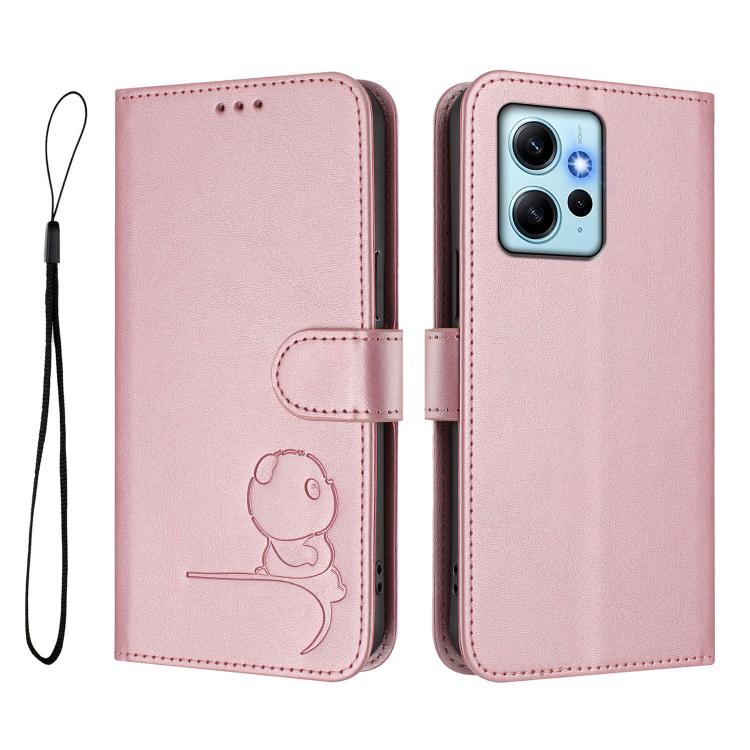 For Redmi Note 12 4G Global Litter Panda Embossing RFID Leather Phone Case with Lanyard