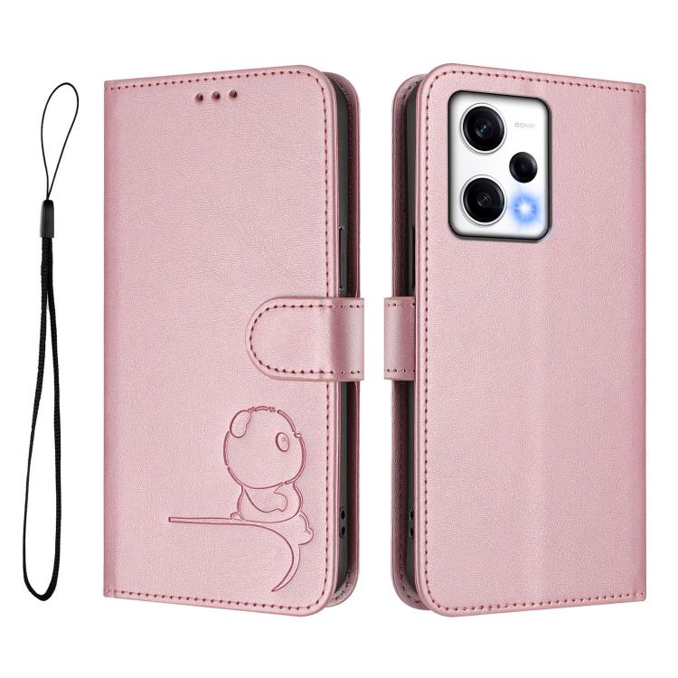 For Redmi Note 12 Pro 5G Global / India Litter Panda Embossing RFID Leather Phone Case with Lanyard