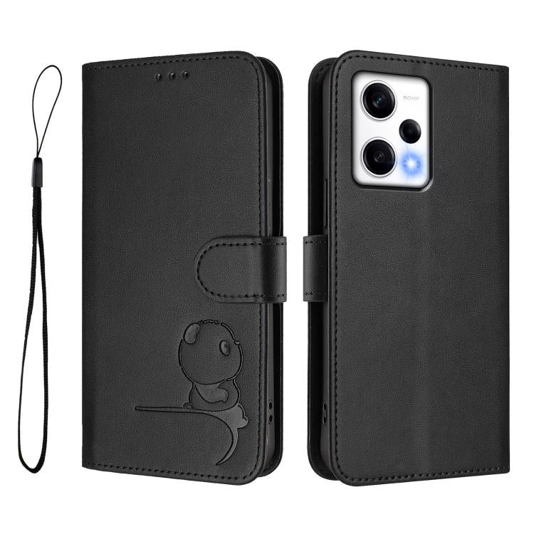 For Redmi Note 12 Pro 5G Global / India Litter Panda Embossing RFID Leather Phone Case with Lanyard