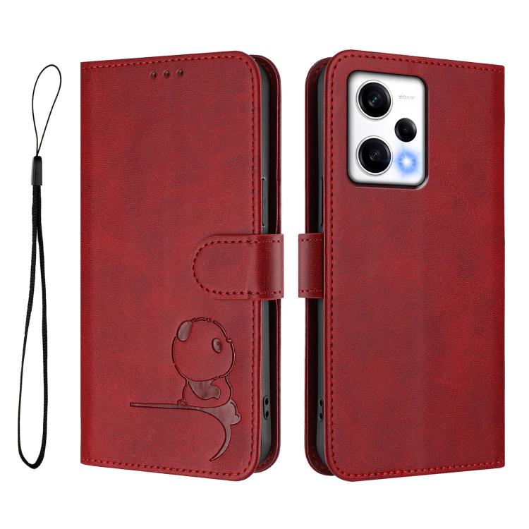 For Redmi Note 12 Pro 5G Global / India Litter Panda Embossing RFID Leather Phone Case with Lanyard
