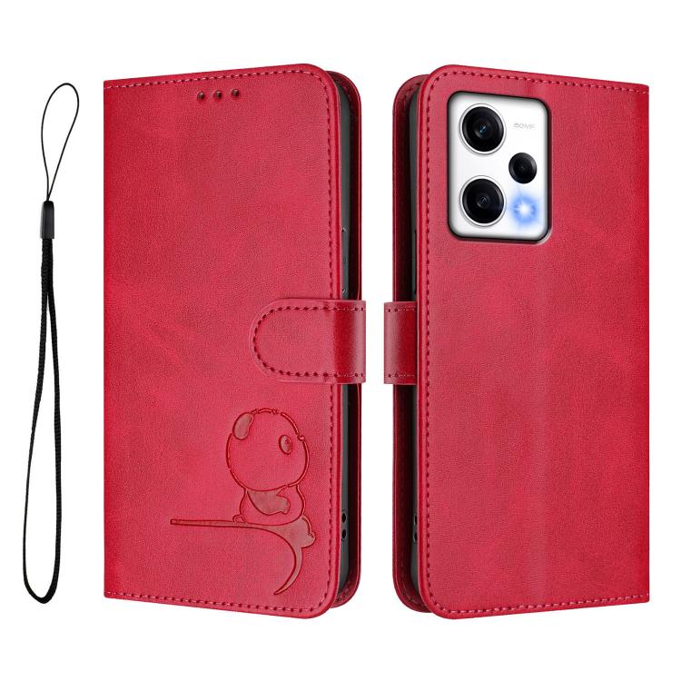 For Redmi Note 12 Pro 5G Global / India Litter Panda Embossing RFID Leather Phone Case with Lanyard
