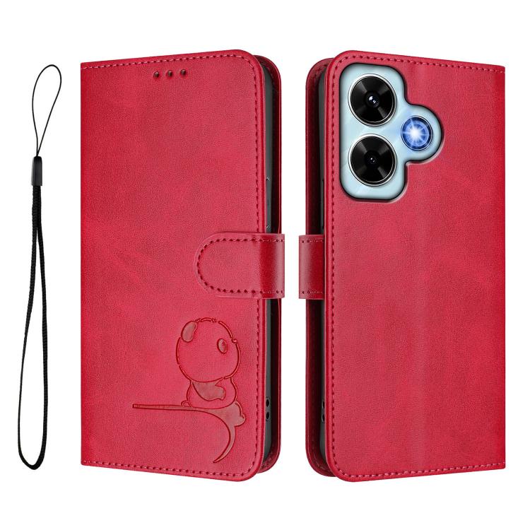 For Redmi Note 13 4G Litter Panda Embossing RFID Leather Phone Case with Lanyard