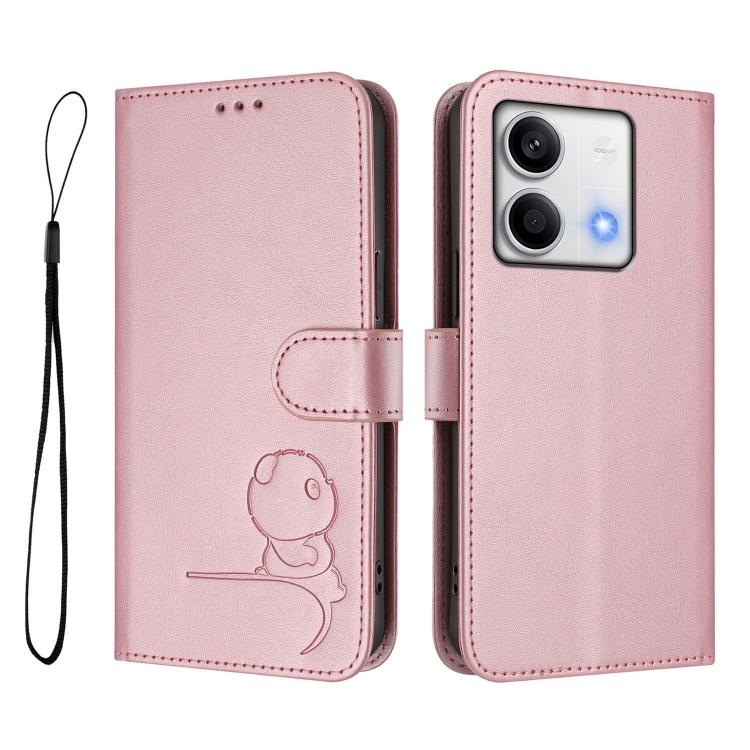 For Redmi Note 13 5G Litter Panda Embossing RFID Leather Phone Case with Lanyard