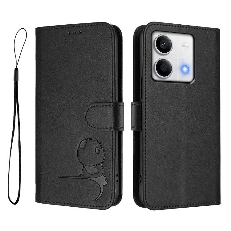 For Redmi Note 13 5G Litter Panda Embossing RFID Leather Phone Case with Lanyard