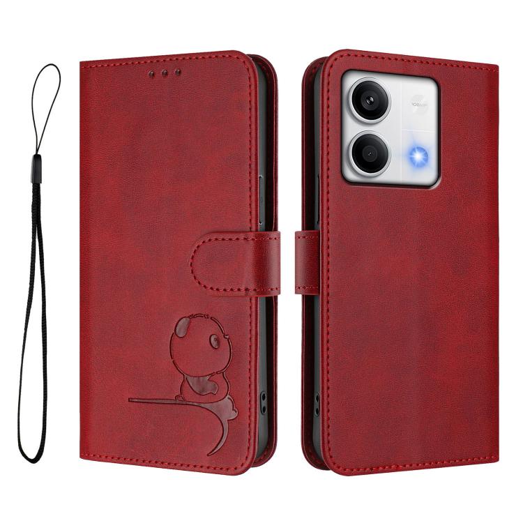 For Redmi Note 13 5G Litter Panda Embossing RFID Leather Phone Case with Lanyard