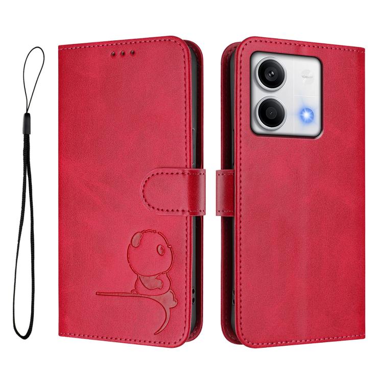 For Redmi Note 13 5G Litter Panda Embossing RFID Leather Phone Case with Lanyard