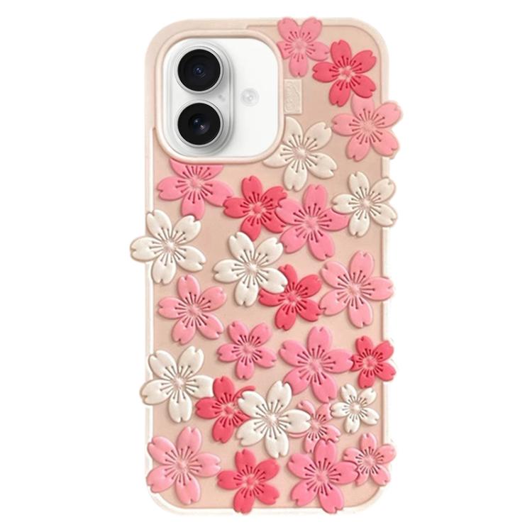 For iPhone 16 Cherry Blossoms Silicone Phone Case - Pink