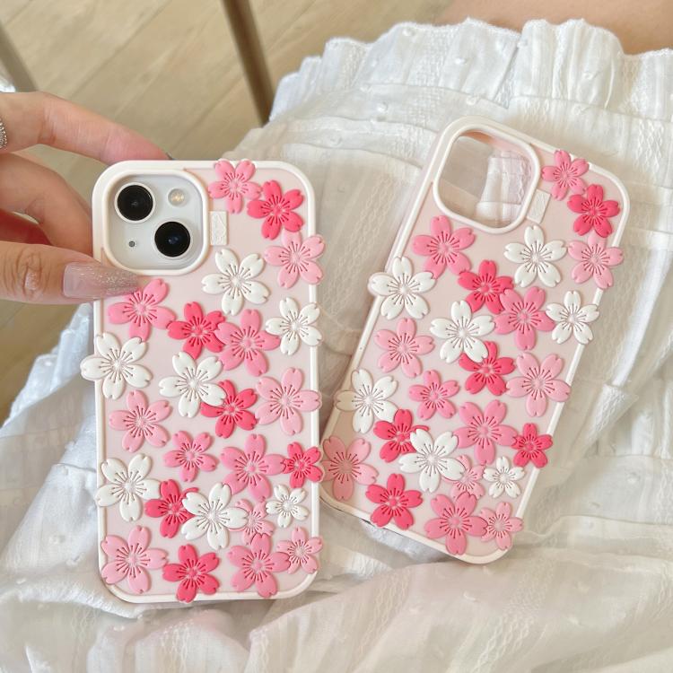 For iPhone 16 Pro Cherry Blossoms Silicone Phone Case - Pink