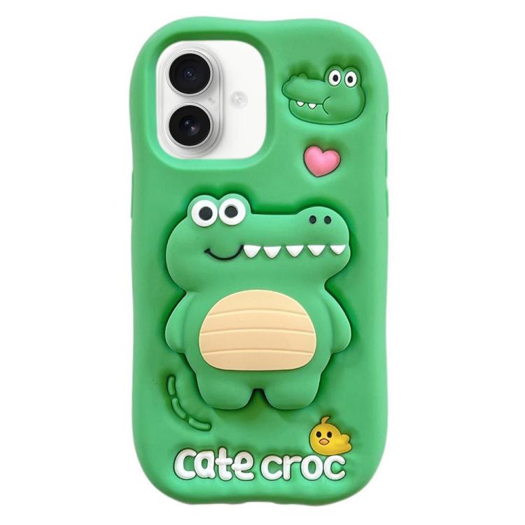 For iPhone 16 Cartoon 3D Love Crocodile Holder Silicone Phone Case - Green