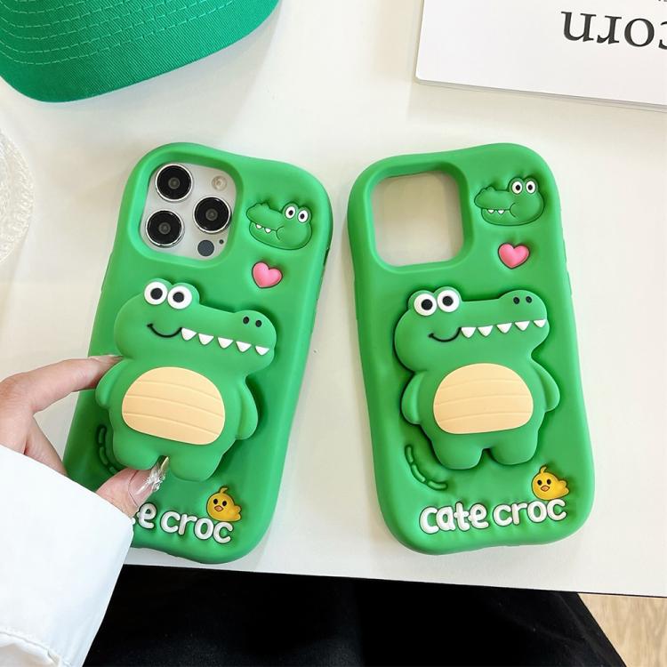 For iPhone 13 Pro Cartoon 3D Love Crocodile Holder Silicone Phone Case - Green