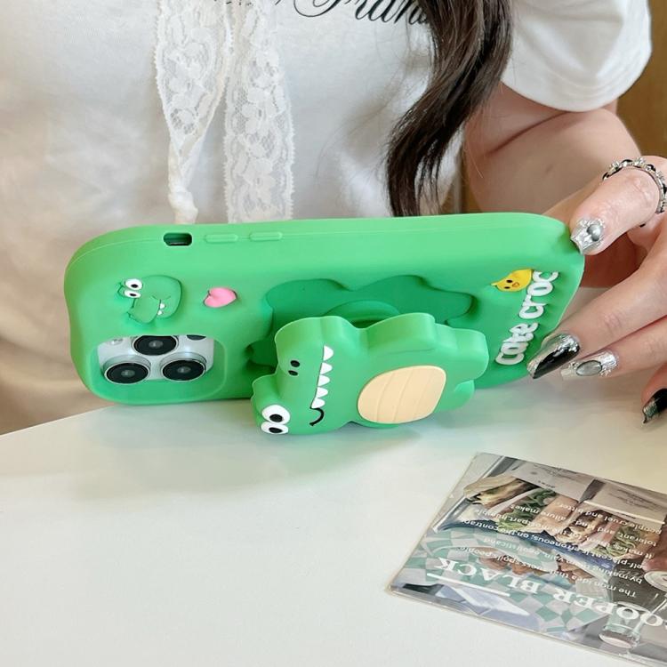 For iPhone 15 Plus Cartoon 3D Love Crocodile Holder Silicone Phone Case - Green