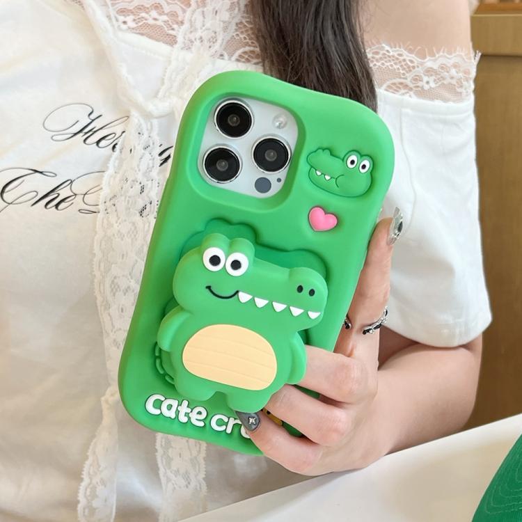 For iPhone 14 Plus Cartoon 3D Love Crocodile Holder Silicone Phone Case - Green