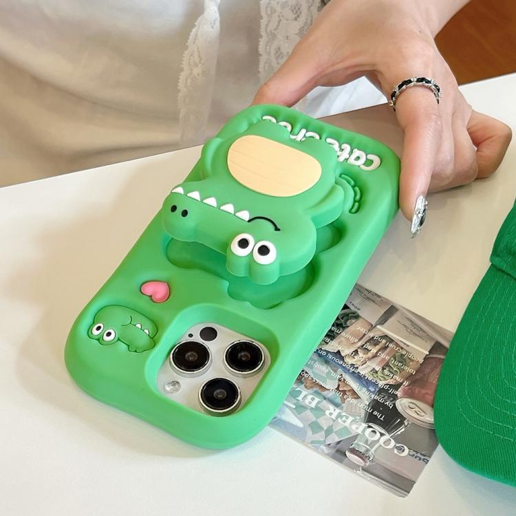 For iPhone 15 Pro Max Cartoon 3D Love Crocodile Holder Silicone Phone Case - Green