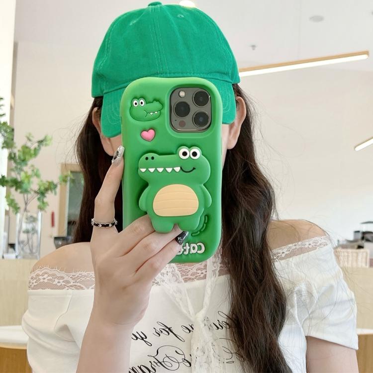 For iPhone 15 Cartoon 3D Love Crocodile Holder Silicone Phone Case - Green