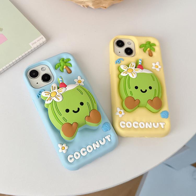 For iPhone 15 Pro Cartoon 3D Coconut Holder Silicone Phone Case
