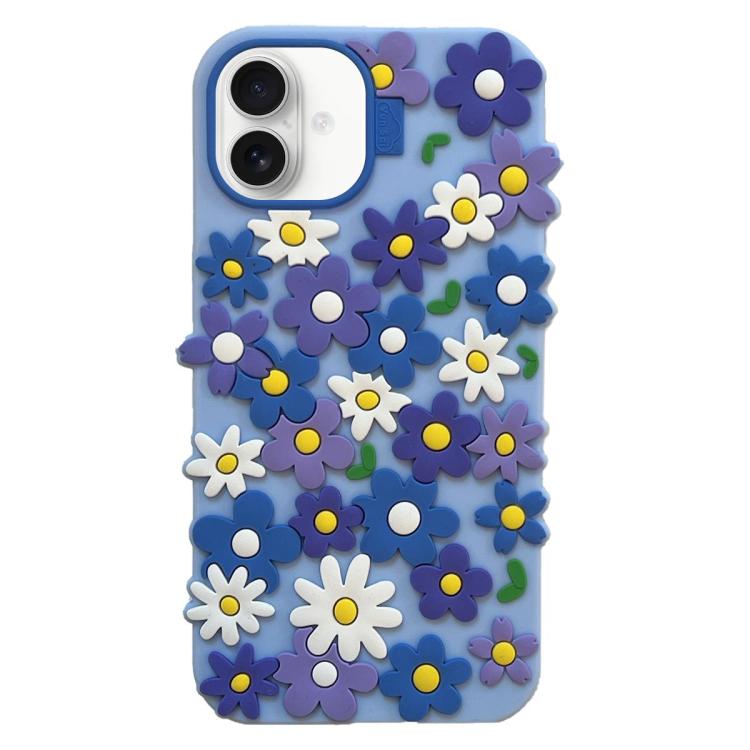 For iPhone 16 Small Flowers Silicone Phone Case - Blue