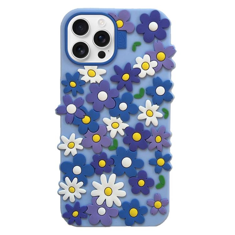 For iPhone 15 Pro Max Small Flowers Silicone Phone Case - Blue