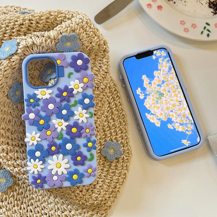 For iPhone 14 Small Flowers Silicone Phone Case - Blue