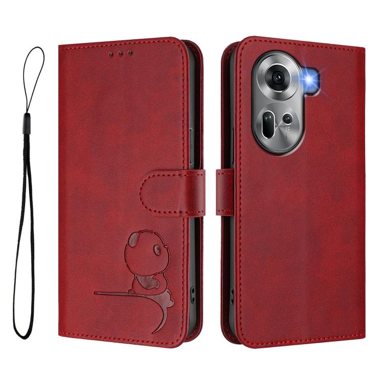 For OPPO Reno11 5G Global Litter Panda Embossing RFID Leather Phone Case with Lanyard