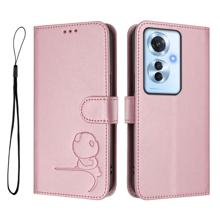For OPPO Reno11 F 5G Global Litter Panda Embossing RFID Leather Phone Case with Lanyard