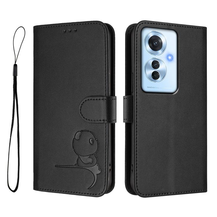 For OPPO Reno11 F 5G Global Litter Panda Embossing RFID Leather Phone Case with Lanyard