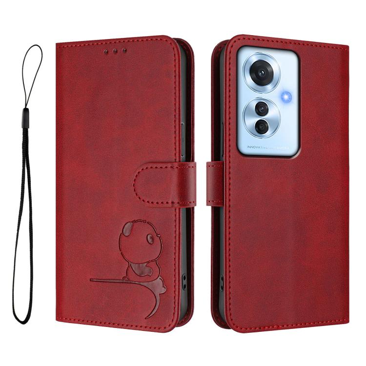 For OPPO Reno11 F 5G Global Litter Panda Embossing RFID Leather Phone Case with Lanyard