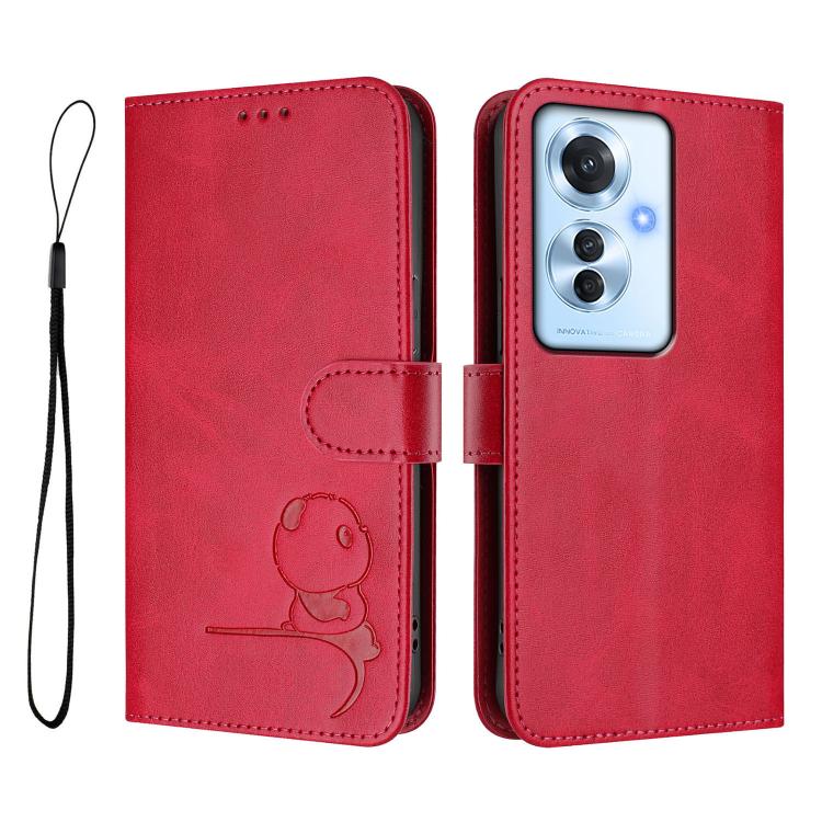 For OPPO Reno11 F 5G Global Litter Panda Embossing RFID Leather Phone Case with Lanyard