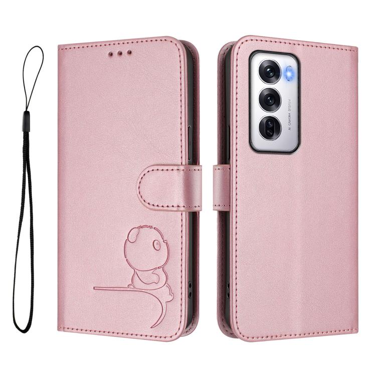 For OPPO Reno12 5G Global Litter Panda Embossing RFID Leather Phone Case with Lanyard