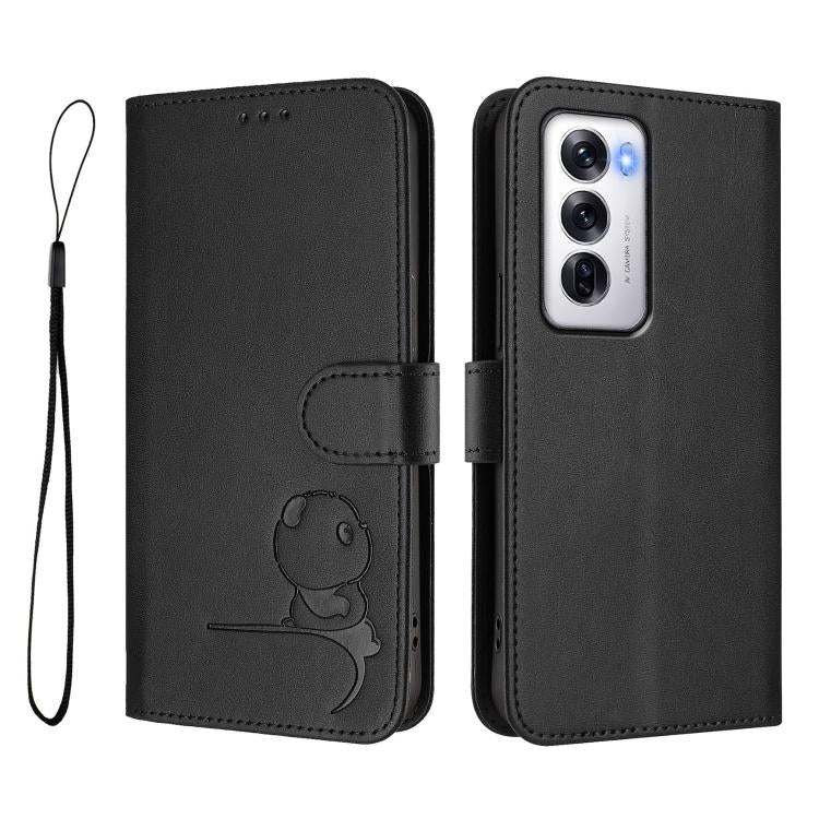 For OPPO Reno12 5G Global Litter Panda Embossing RFID Leather Phone Case with Lanyard