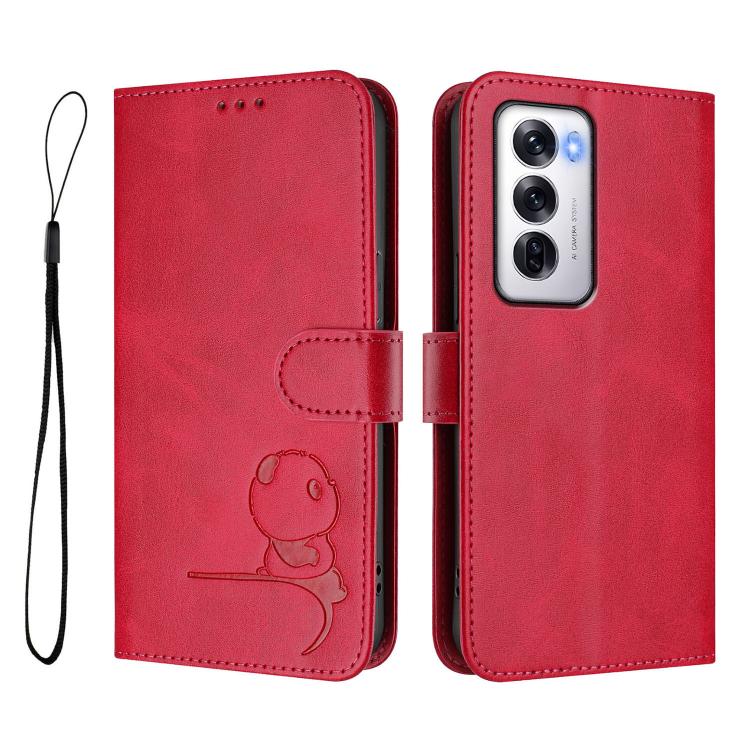 For OPPO Reno12 5G Global Litter Panda Embossing RFID Leather Phone Case with Lanyard