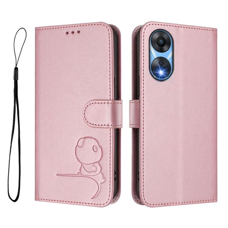For OPPO A78 5G Global / A1x Litter Panda Embossing RFID Leather Phone Case with Lanyard