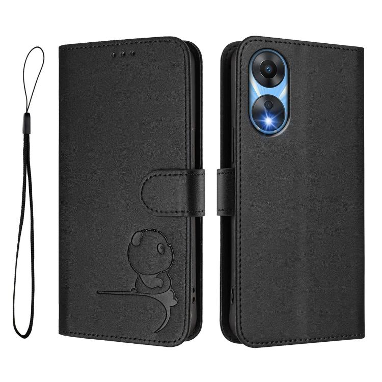For OPPO A78 5G Global / A1x Litter Panda Embossing RFID Leather Phone Case with Lanyard