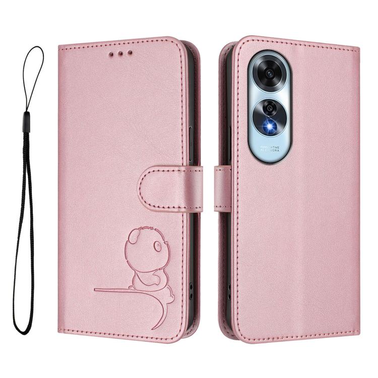 For OPPO A60 4G Global Litter Panda Embossing RFID Leather Phone Case with Lanyard
