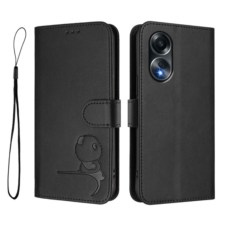 For OPPO A58 4G Global Litter Panda Embossing RFID Leather Phone Case with Lanyard