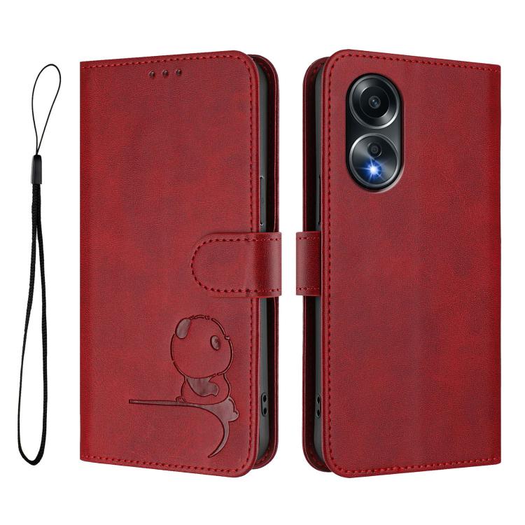 For OPPO A58 4G Global Litter Panda Embossing RFID Leather Phone Case with Lanyard