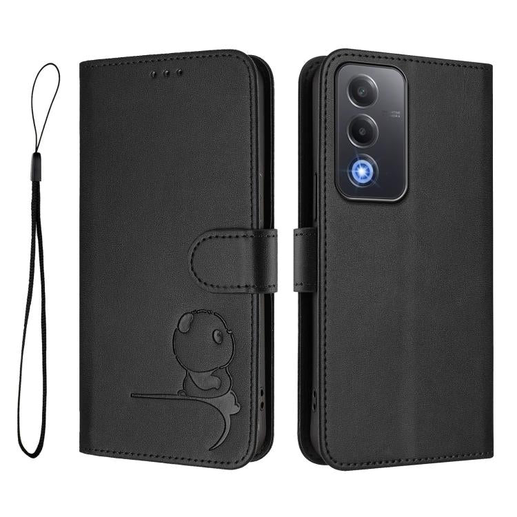 For OPPO A5 5G Global Litter Panda Embossing RFID Leather Phone Case with Lanyard