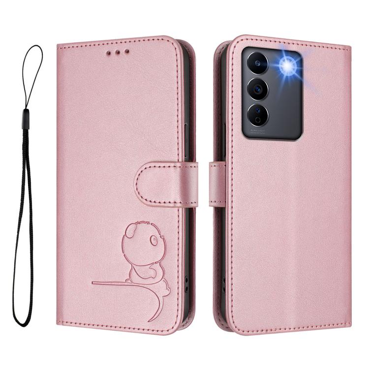For vivo V27e 4G / S16e 5G / T2 4G Litter Panda Embossing RFID Leather Phone Case with Lanyard