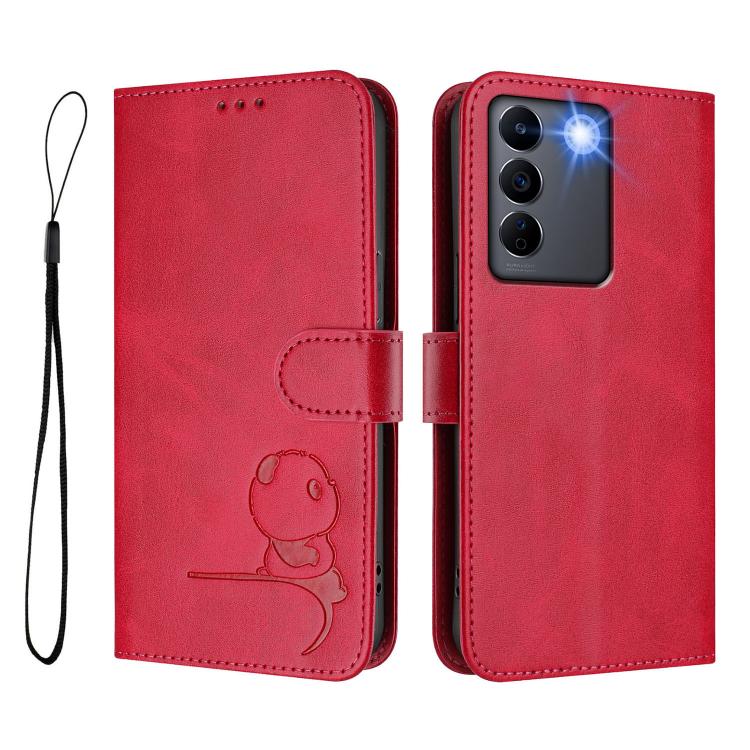 For vivo V27e 4G / S16e 5G / T2 4G Litter Panda Embossing RFID Leather Phone Case with Lanyard