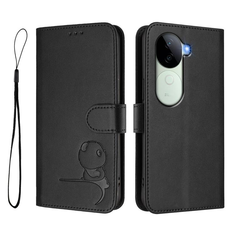 For vivo V40e / iQOO Z9s Litter Panda Embossing RFID Leather Phone Case with Lanyard