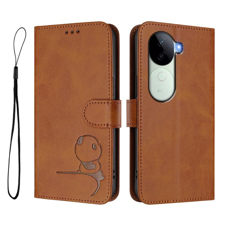 For vivo V40e / iQOO Z9s Litter Panda Embossing RFID Leather Phone Case with Lanyard
