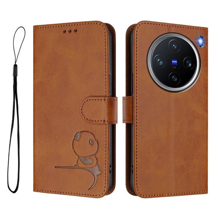 For vivo X200 Pro mini Litter Panda Embossing RFID Leather Phone Case with Lanyard