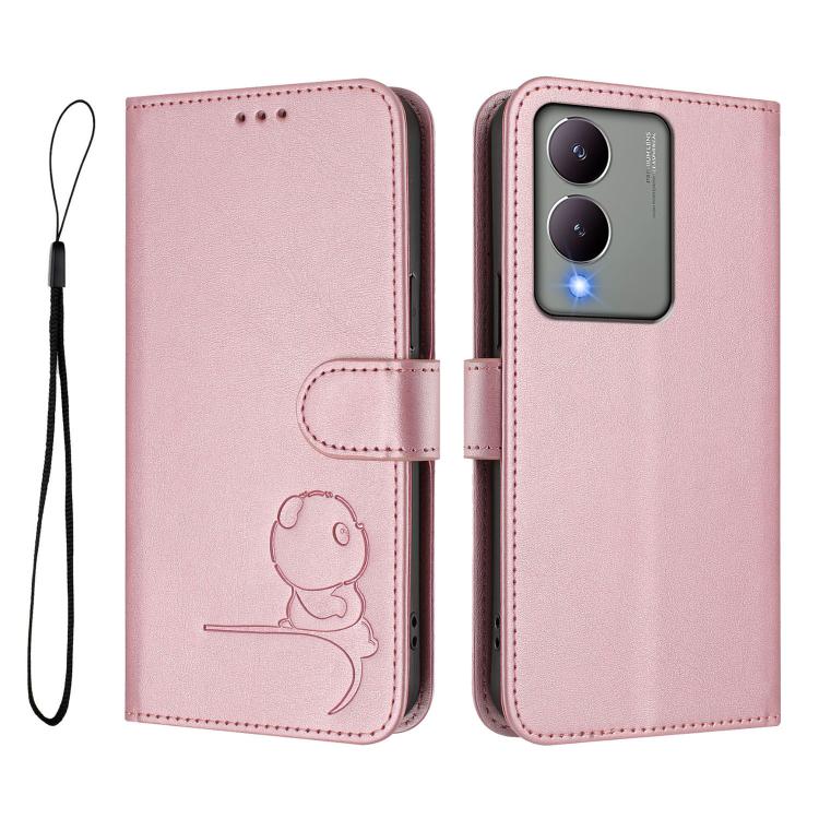 For vivo Y17s Litter Panda Embossing RFID Leather Phone Case with Lanyard