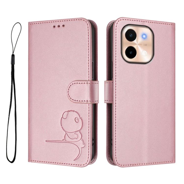 For vivo Y28 4G Litter Panda Embossing RFID Leather Phone Case with Lanyard
