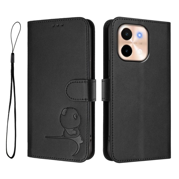 For vivo Y28 4G Litter Panda Embossing RFID Leather Phone Case with Lanyard