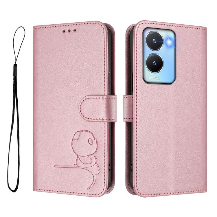 For vivo Y56 / Y16 / Y02s Litter Panda Embossing RFID Leather Phone Case with Lanyard