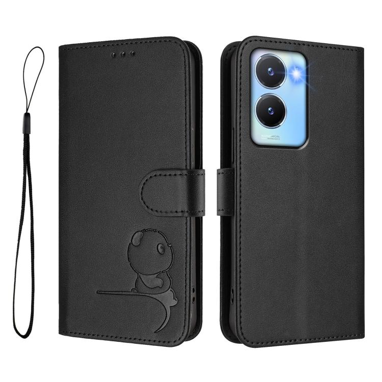 For vivo Y56 / Y16 / Y02s Litter Panda Embossing RFID Leather Phone Case with Lanyard