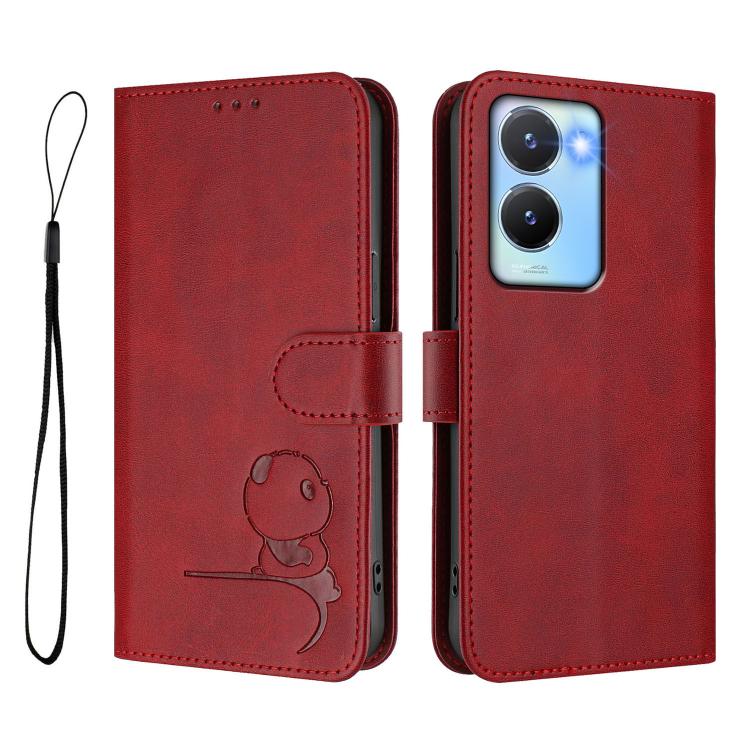 For vivo Y56 / Y16 / Y02s Litter Panda Embossing RFID Leather Phone Case with Lanyard