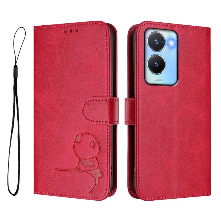 For vivo Y56 / Y16 / Y02s Litter Panda Embossing RFID Leather Phone Case with Lanyard