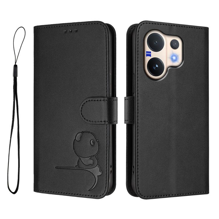 For vivo V60 5G Litter Panda Embossing RFID Leather Phone Case with Lanyard
