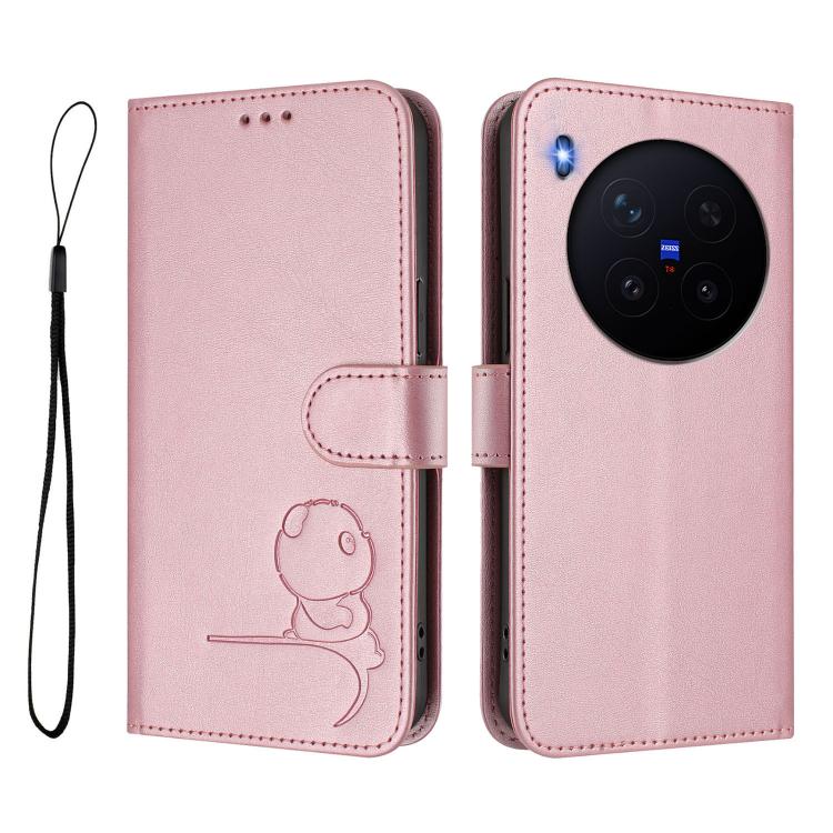 For vivo X300 Pro Litter Panda Embossing RFID Leather Phone Case with Lanyard